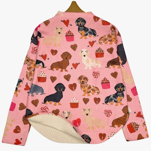 SM Pink Dachshund Print Women’s Sweater – Hearts & Cupcakes - Picture 2 of 9
